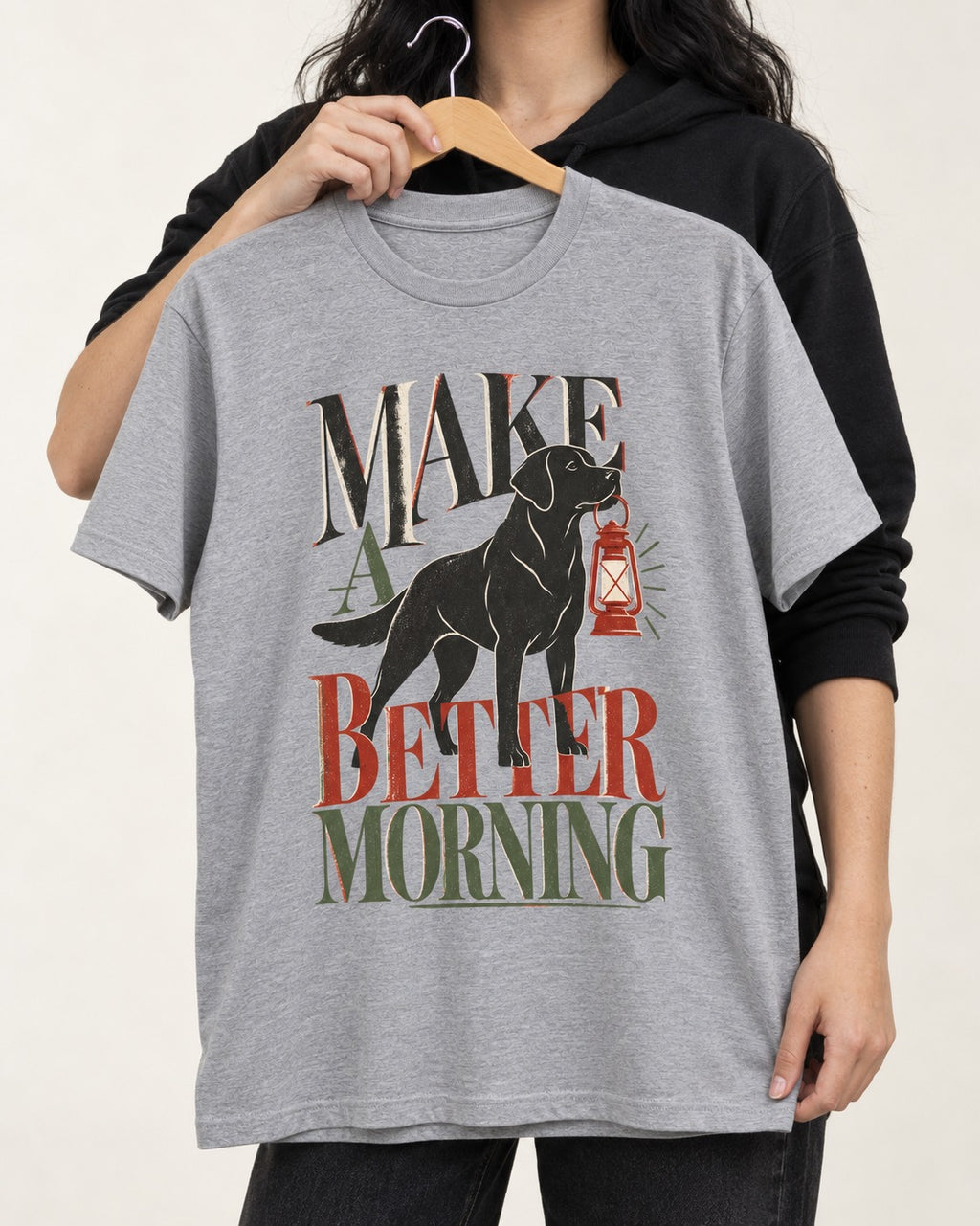 Make a Better Morning Labrador Retriever T-Shirt in Sport Grey, held up on a hanger