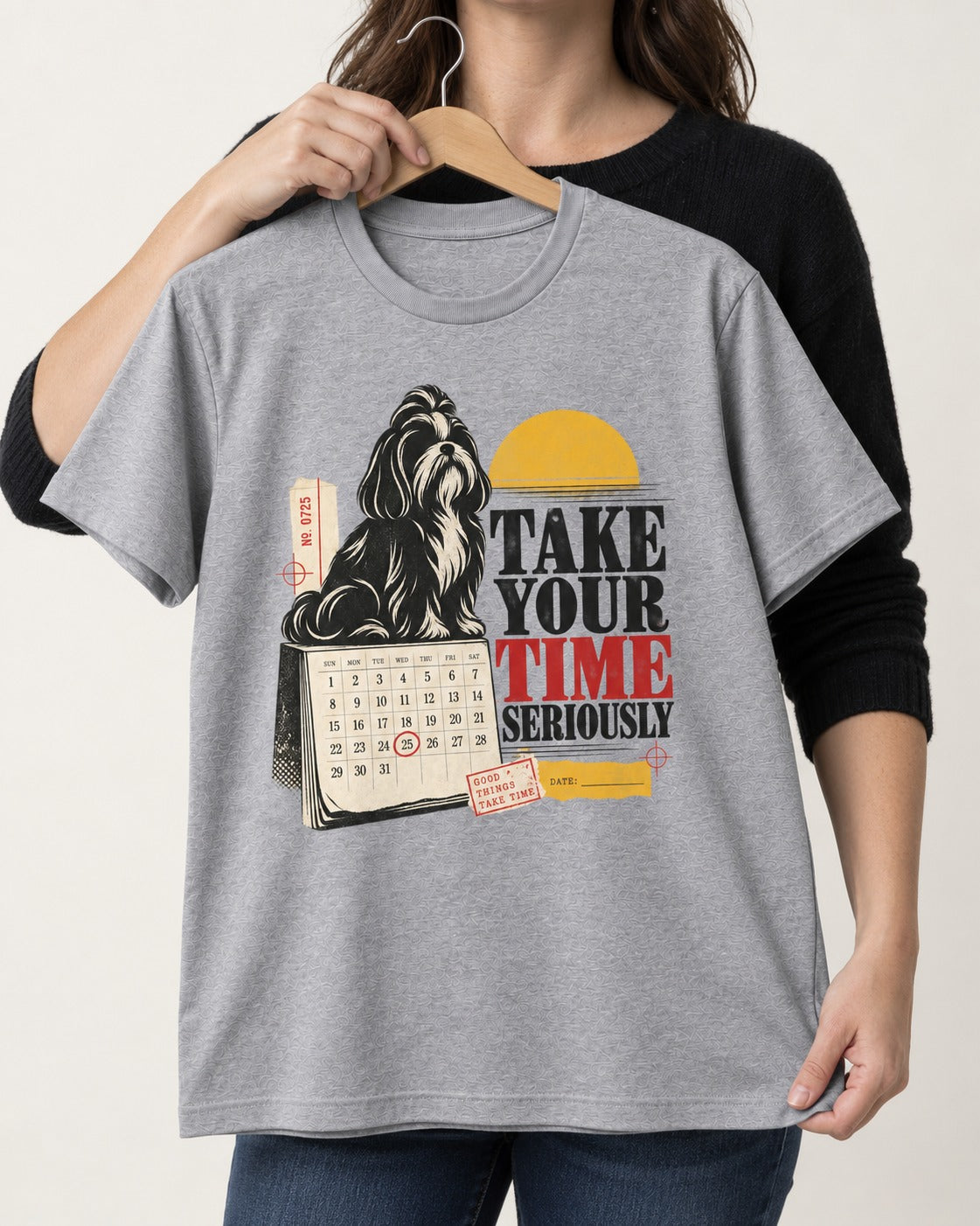 Take Your Time Seriously Shih Tzu T-Shirt in Sport Grey, held up on a hanger