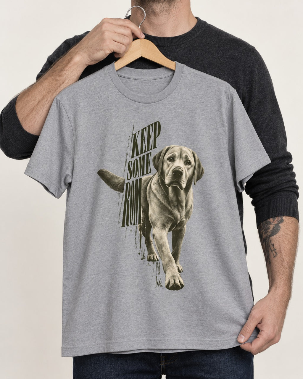 Keep Some Room Labrador Retriever T-Shirt in Sport Grey, held up on a hanger