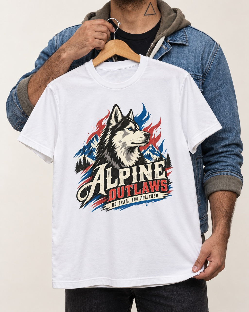 Husky Alpine Outlaws No Trail Too Polished Graphic T-Shirt in White, held up on a hanger