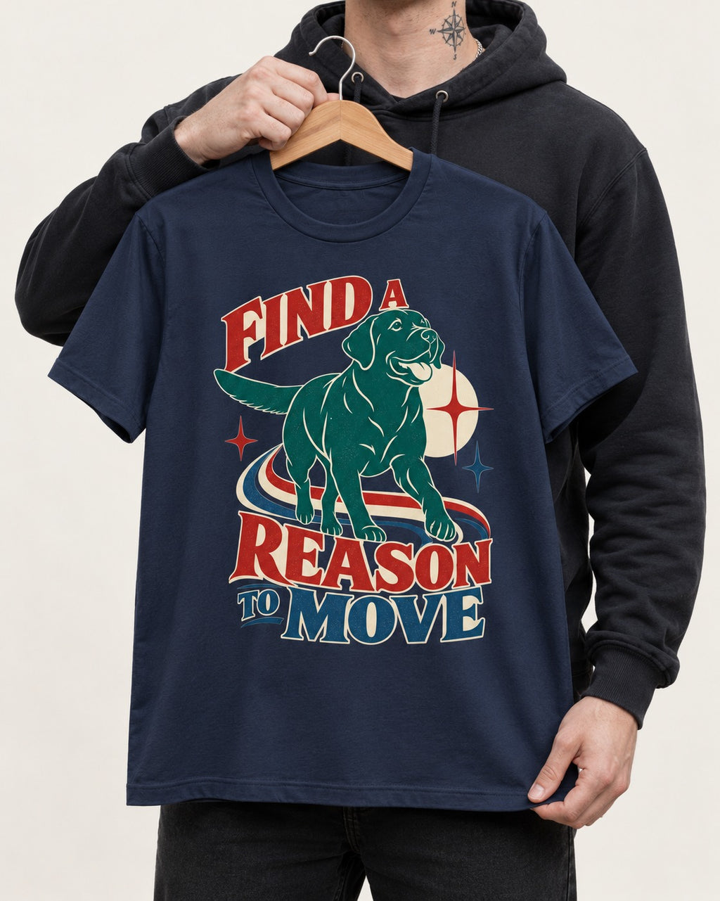Labrador Retriever Find a Reason to Move Retro Dog Graphic T-Shirt in Navy, held up on a hanger