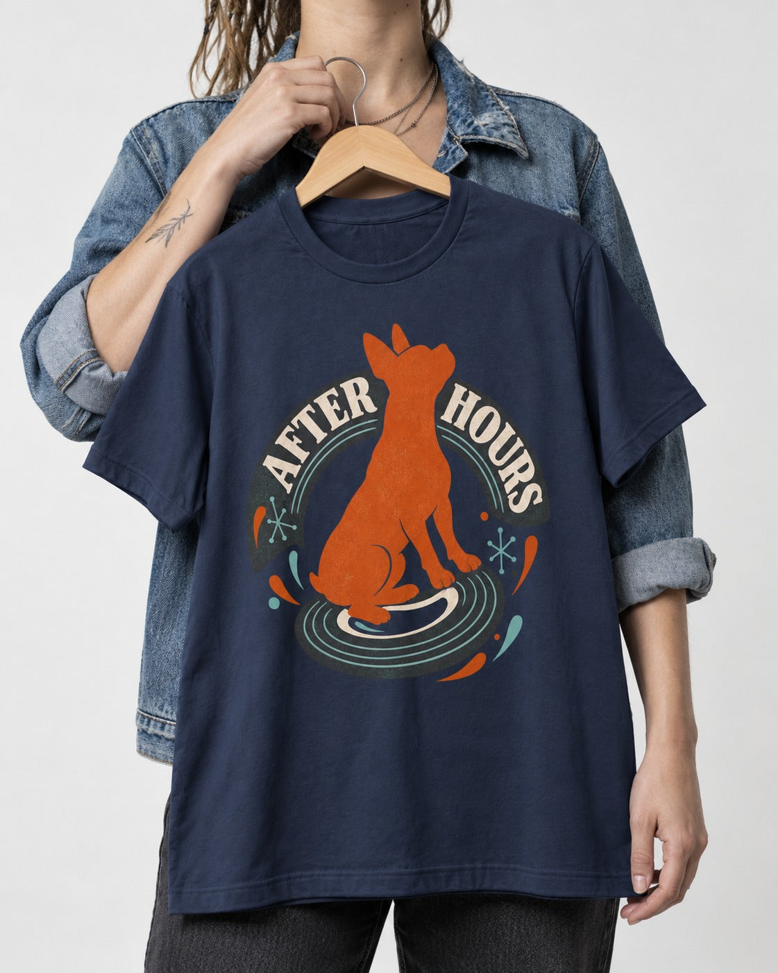 After Hours Boston Terrier Record Graphic T-Shirt in Navy, held up on a hanger