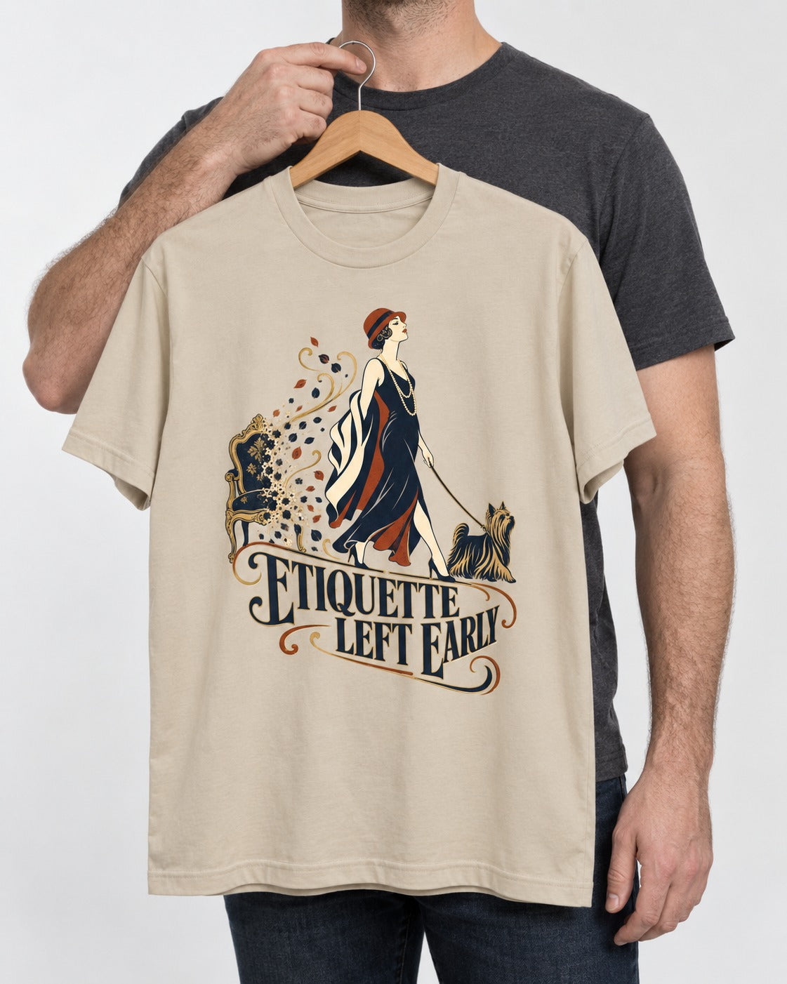 Yorkshire Terrier Etiquette Left Early T-Shirt in Sand, held up on a hanger