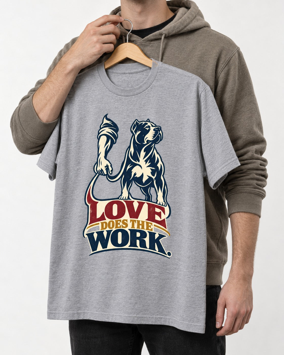 Pitbull Love Does the Work T-Shirt in Sport Grey, held up on a hanger