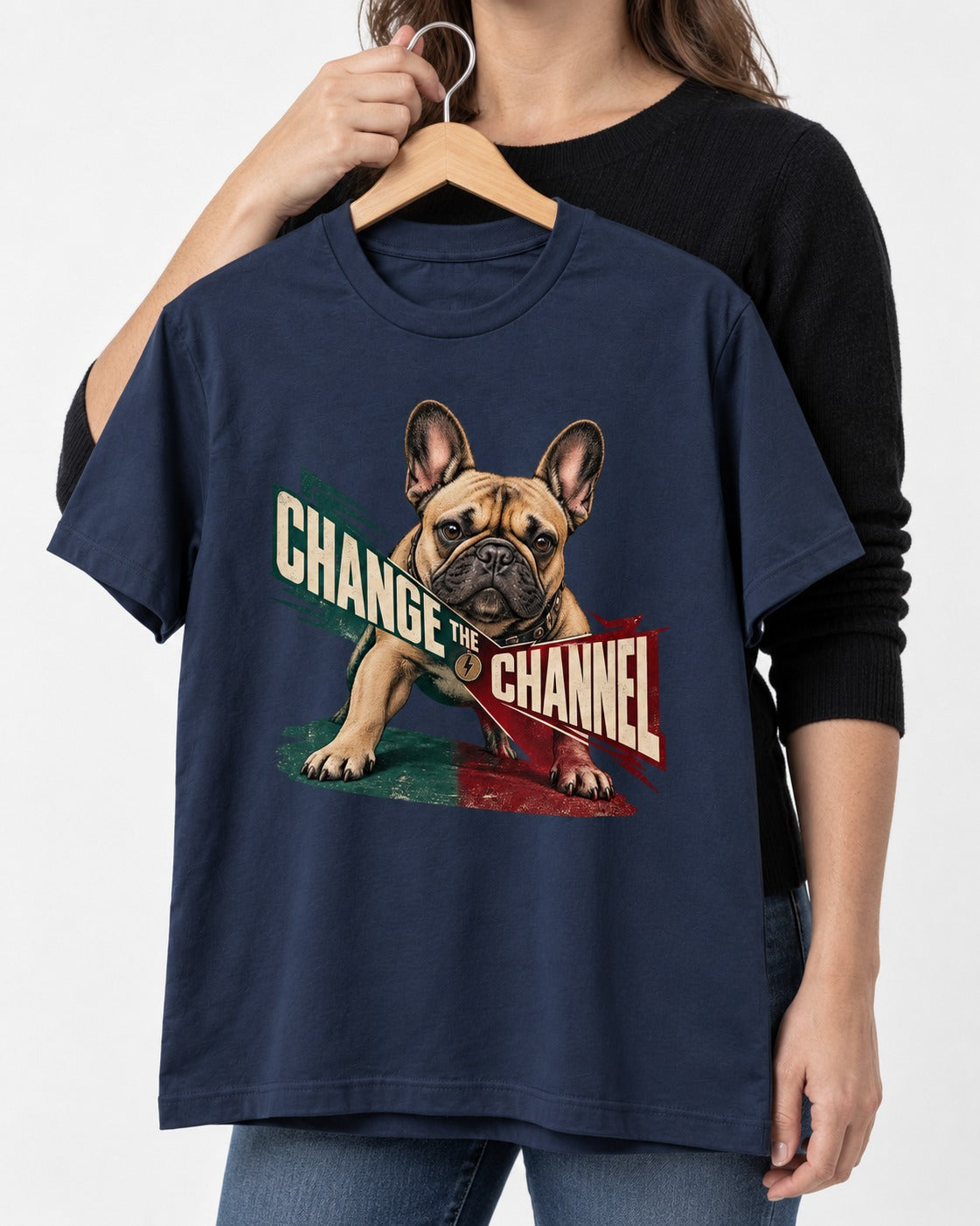 Frenchie Change the Channel Graphic T-Shirt in Navy, held up on a hanger