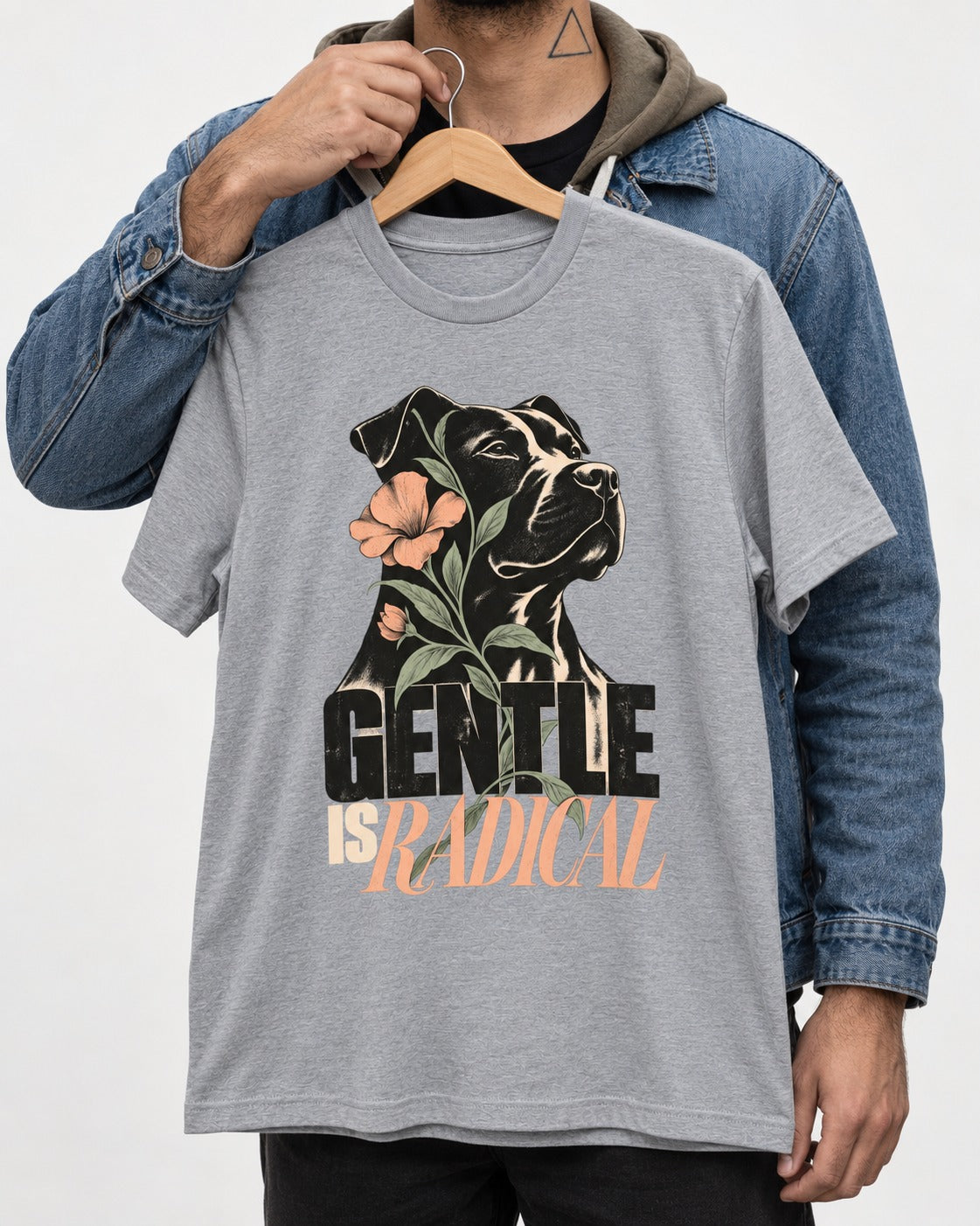 Gentle Pitbull Is Radical T-Shirt in Sport Grey, held up on a hanger