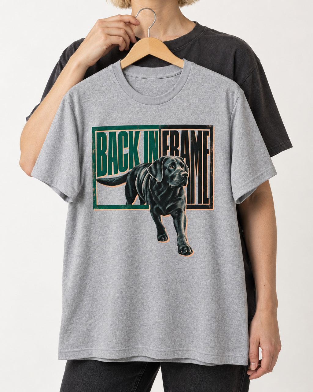 Labrador Retriever Back in Frame T-Shirt in Sport Grey, held up on a hanger