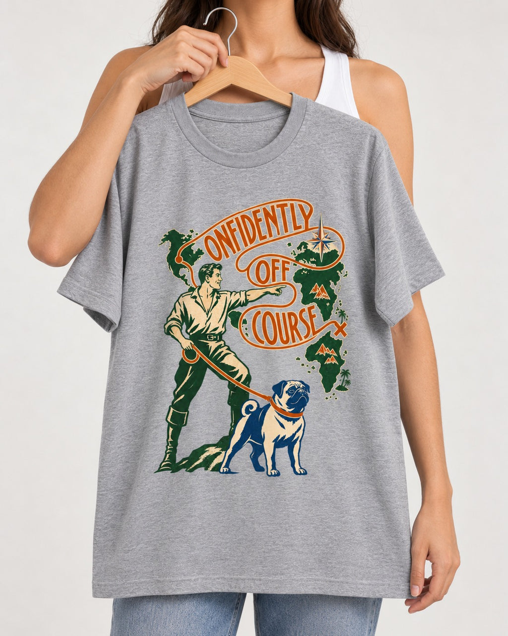 Pug Confidently Off Course T-Shirt in Sport Grey, held up on a hanger