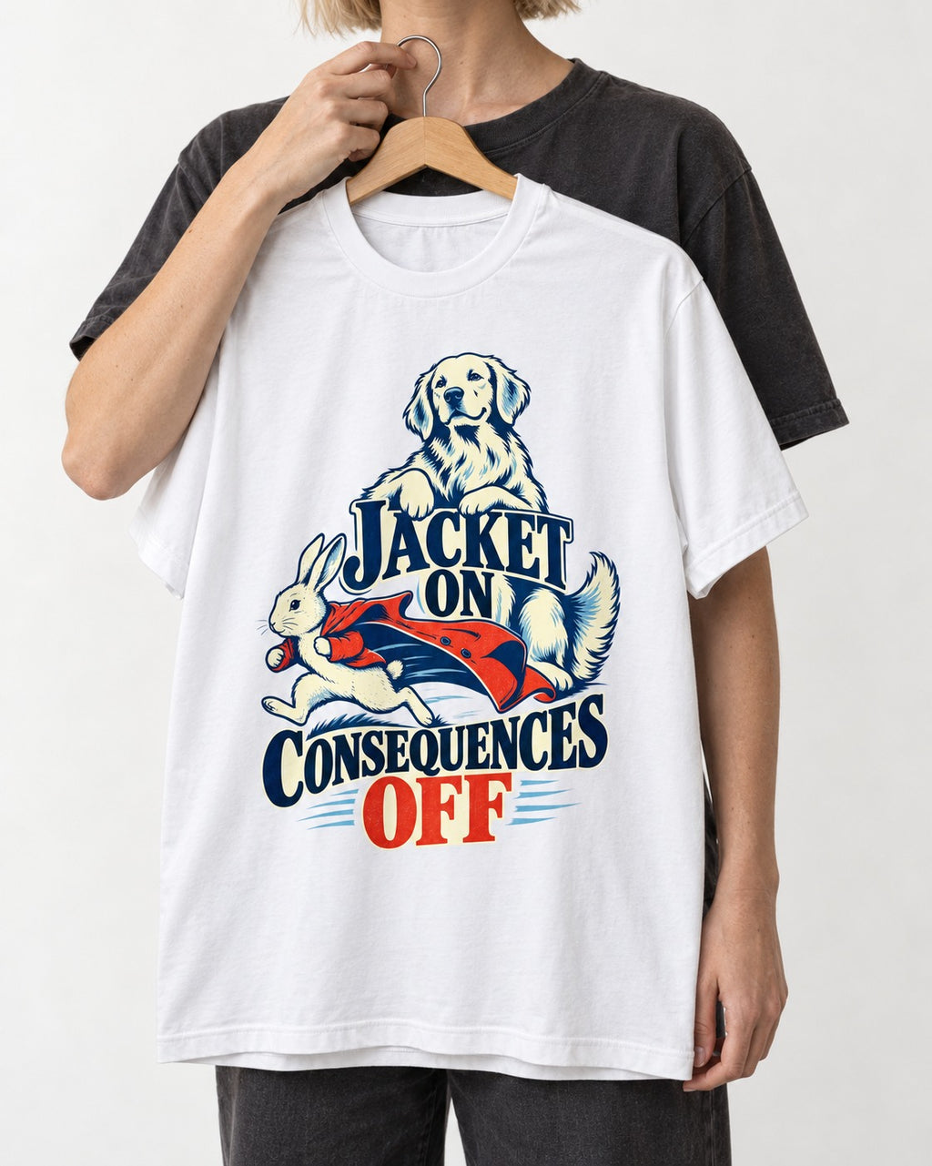Golden Retriever Jacket On Consequences Off Rabbit Chase Graphic T-Shirt in White, held up on a hanger