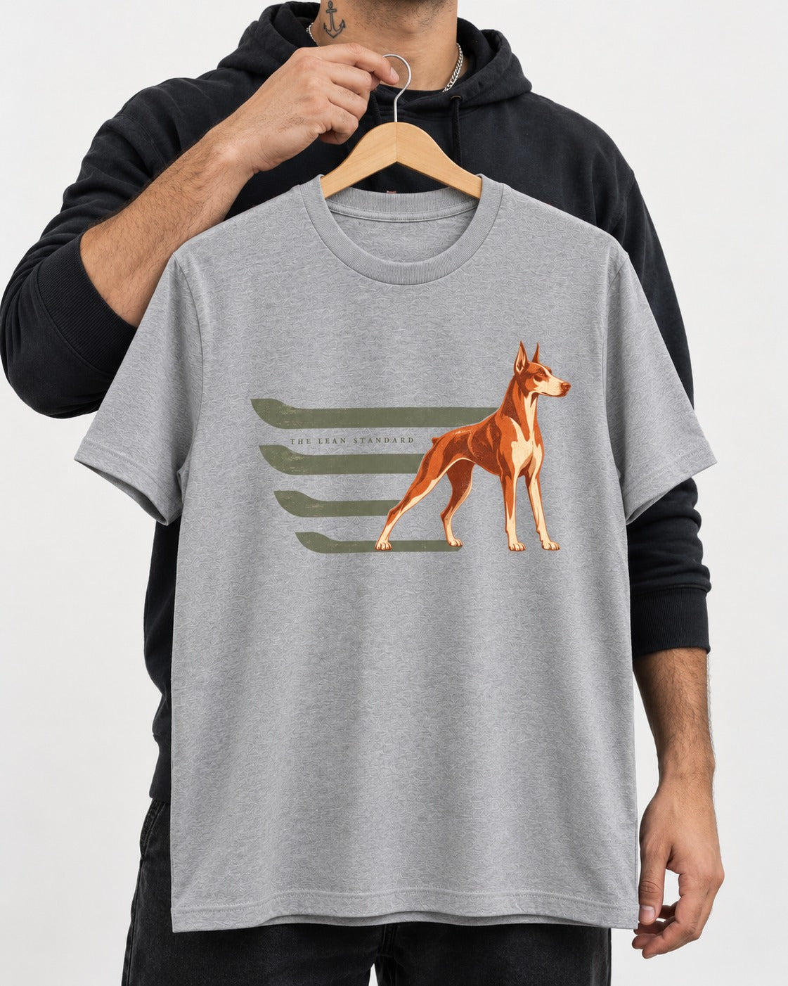 Doberman The Lean Standard Speed Bars Graphic T-Shirt in Sport Grey, held up on a hanger