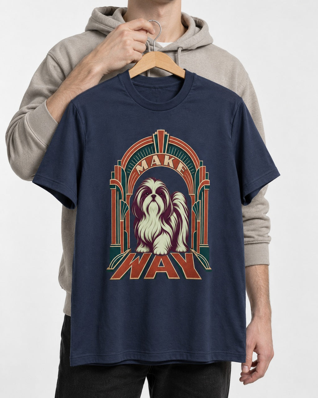 Shih Tzu Make Way Art Deco Arch Portrait T-Shirt in Navy, held up on a hanger