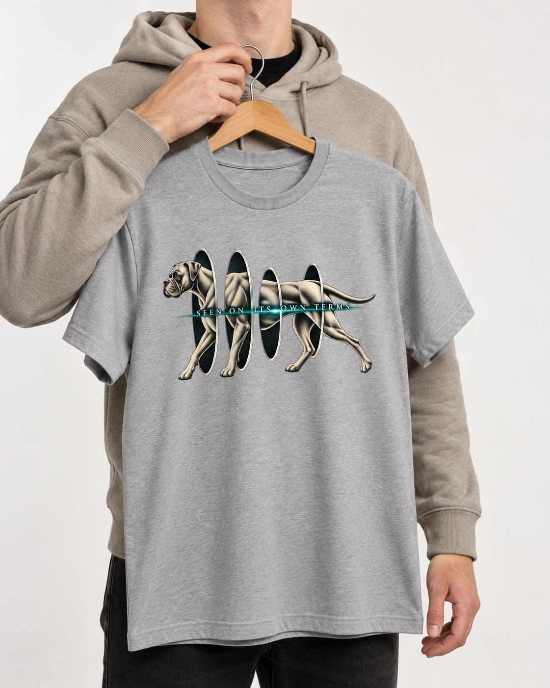 Boxer On Its Own Terms T-Shirt in Sport Grey, held up on a hanger
