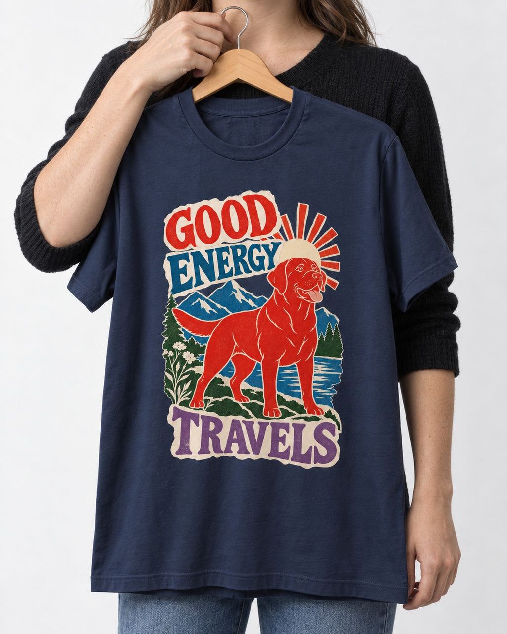 Labrador Retriever Good Energy Travels Adventure Graphic T-Shirt in Navy, held up on a hanger
