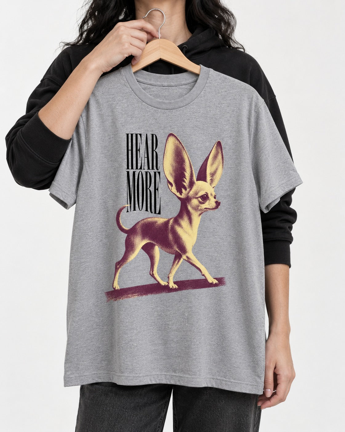 Hear More Chihuahua T-Shirt in Sport Grey, held up on a hanger