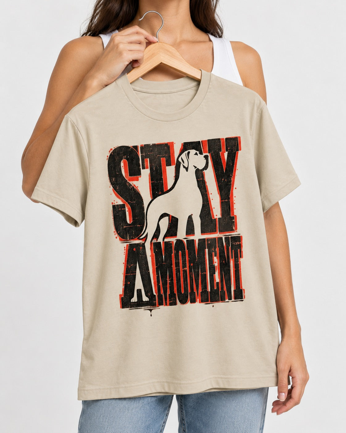 Stay a Moment Great Dane T-Shirt in Sand, held up on a hanger