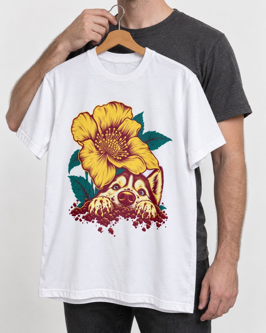 Husky Flower Witness Peeking Floral Graphic T-Shirt in White, held up on a hanger