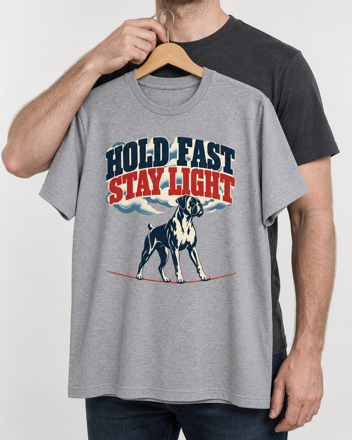 Hold Fast Stay Light Boxer Cloud Graphic T-Shirt in Sport Grey, held up on a hanger