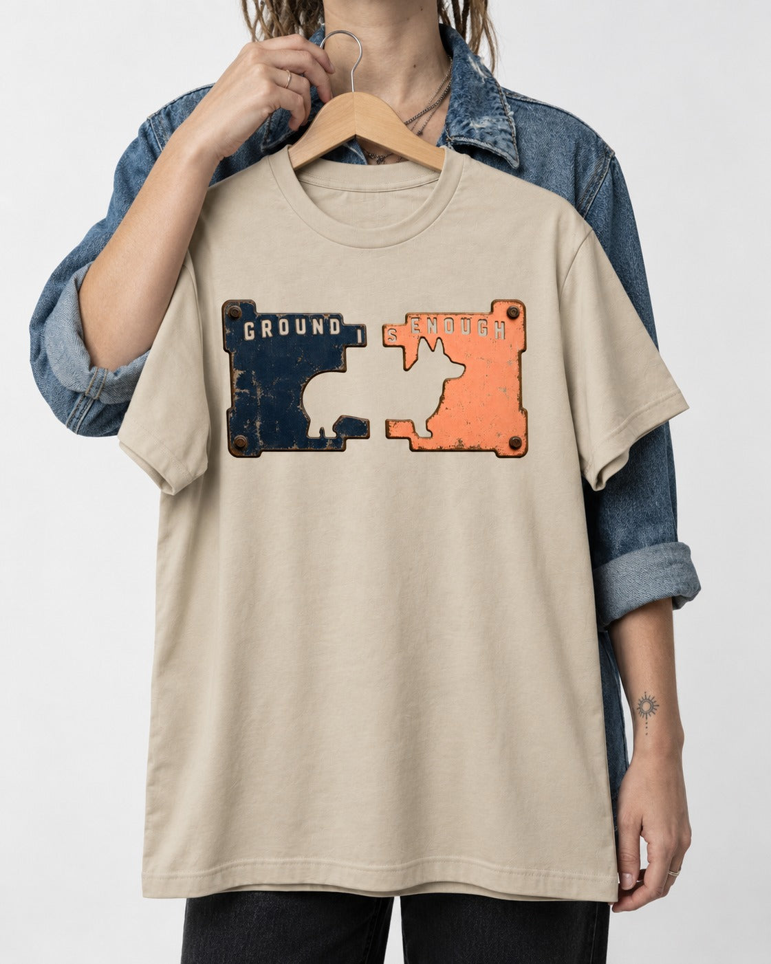 Corgi Is Enough T-Shirt in Sand, held up on a hanger