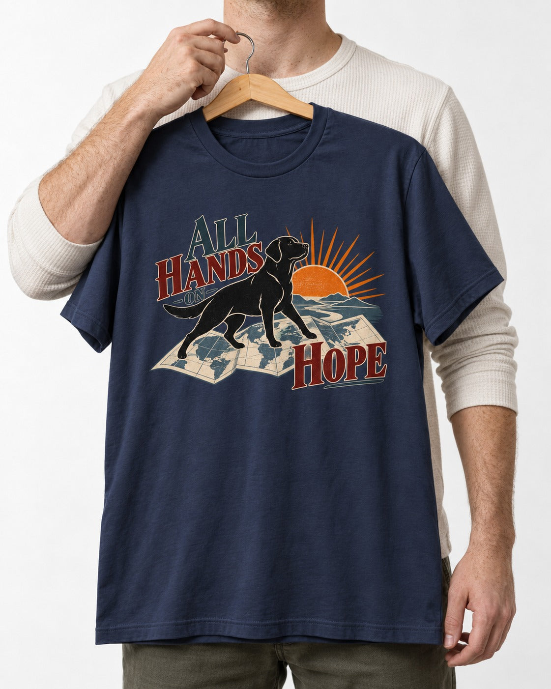 Labrador Retriever All Hands on Hope Map Sunrise Graphic T-Shirt in Navy, held up on a hanger