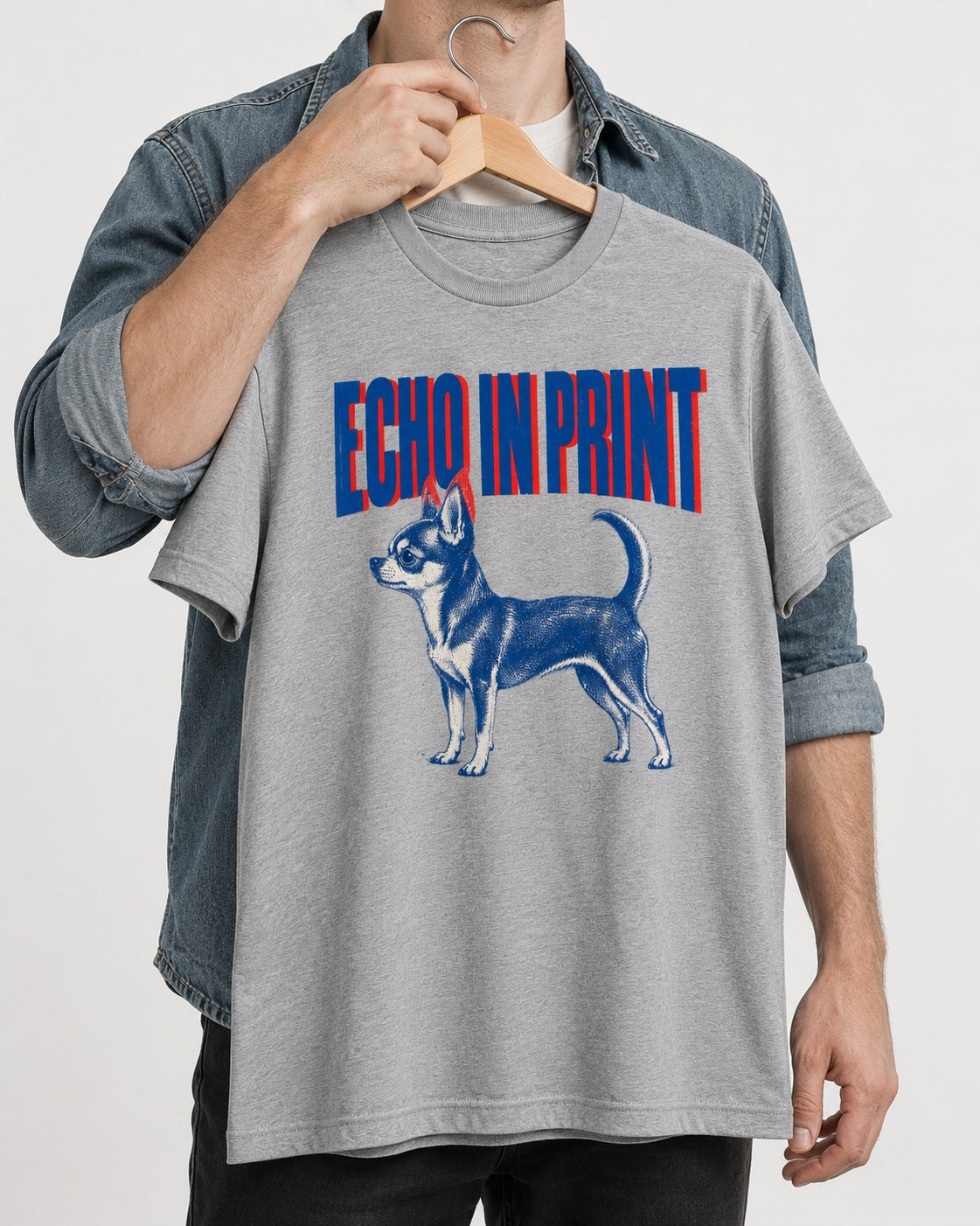 Chihuahua Echo T-Shirt in Sport Grey, held up on a hanger