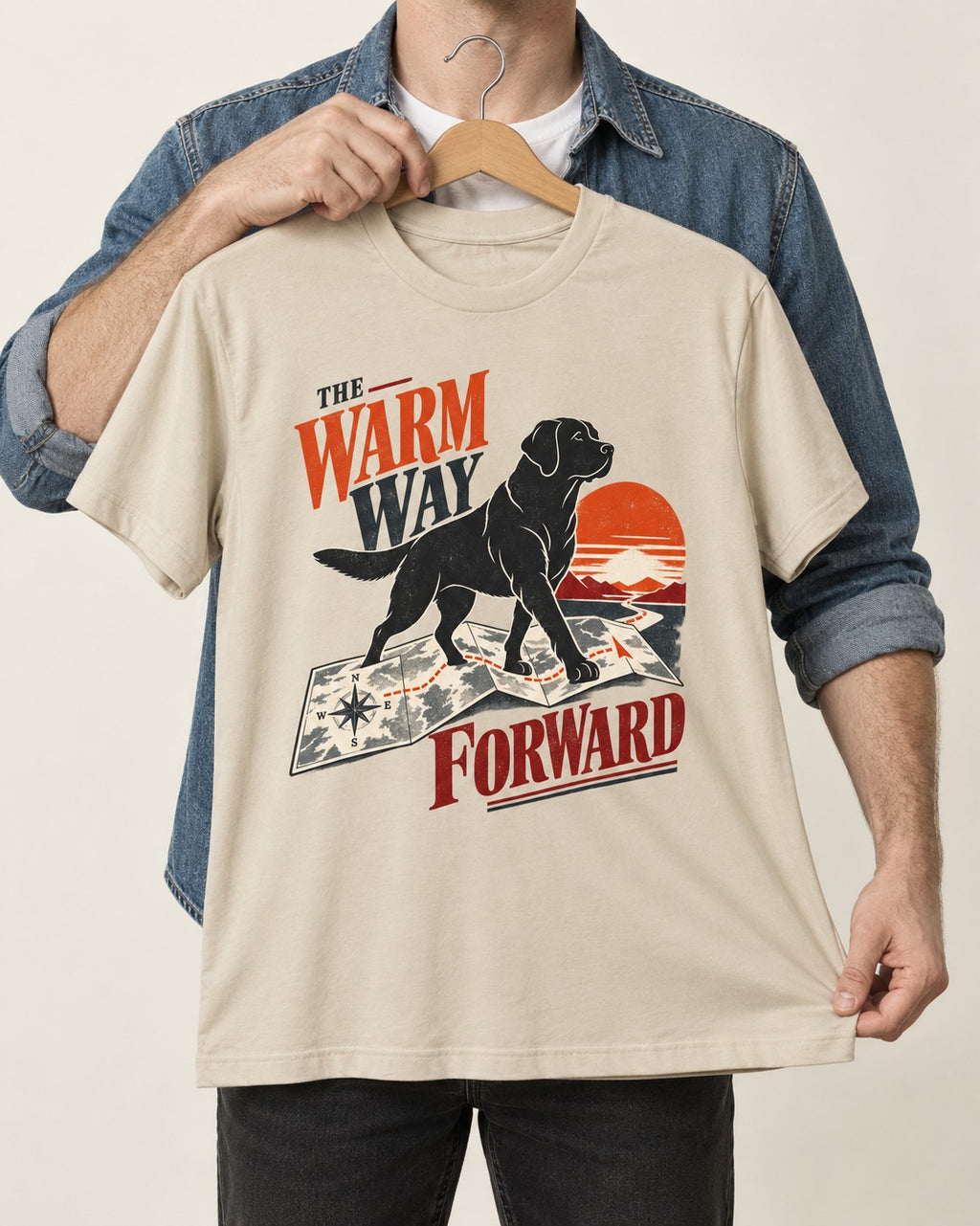 The Warm Way Forward Labrador Retriever T-Shirt in Sand, held up on a hanger