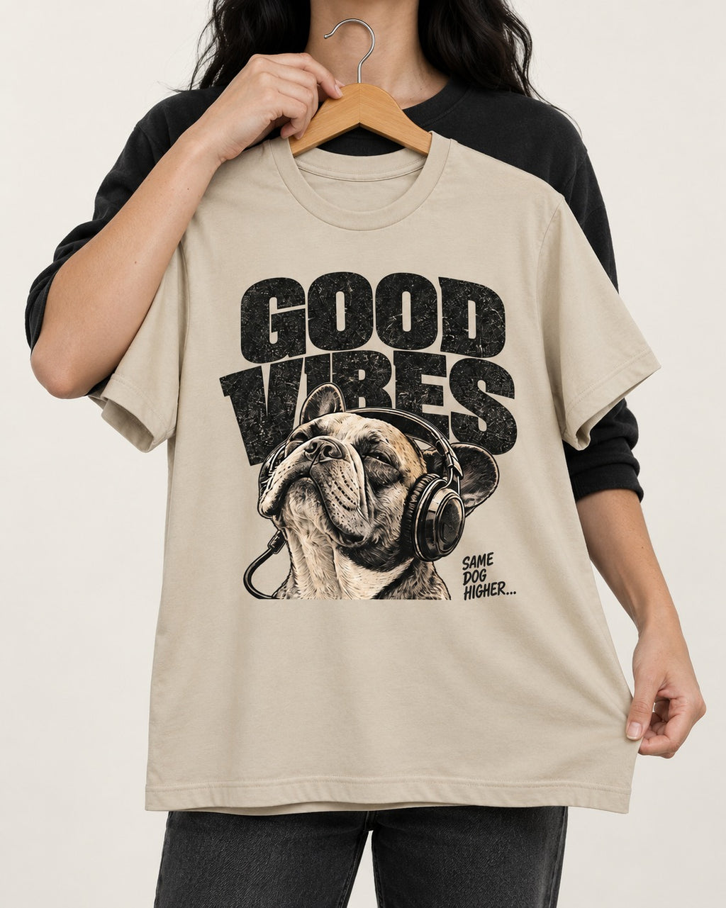 Frenchie Good Vibes T-Shirt in Sand, held up on a hanger