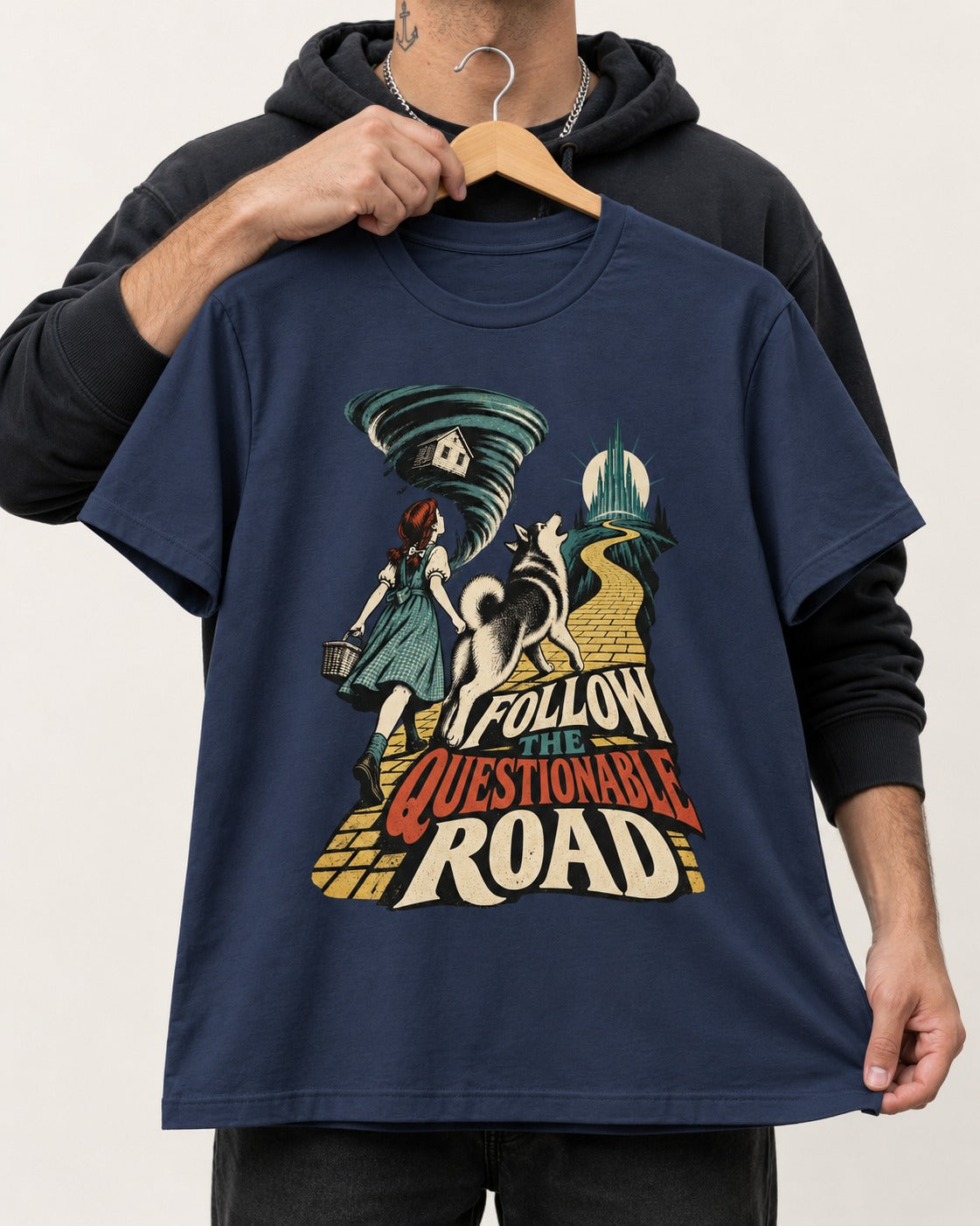 Husky Follow the Questionable Road Tornado Graphic T-Shirt in Navy, held up on a hanger