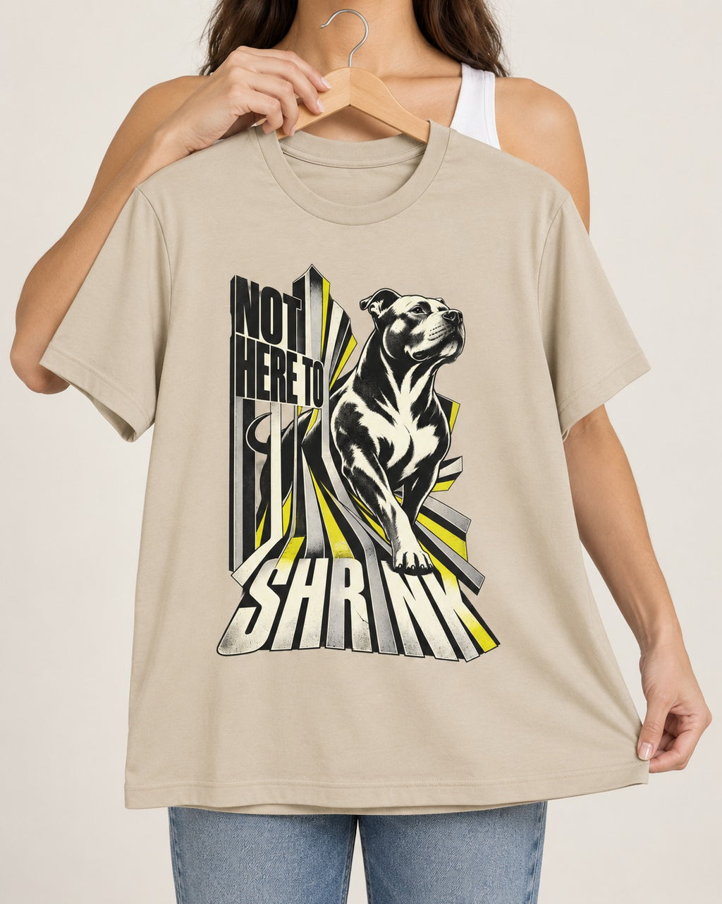 Not Here to Share Pitbull T-Shirt in Sand, held up on a hanger