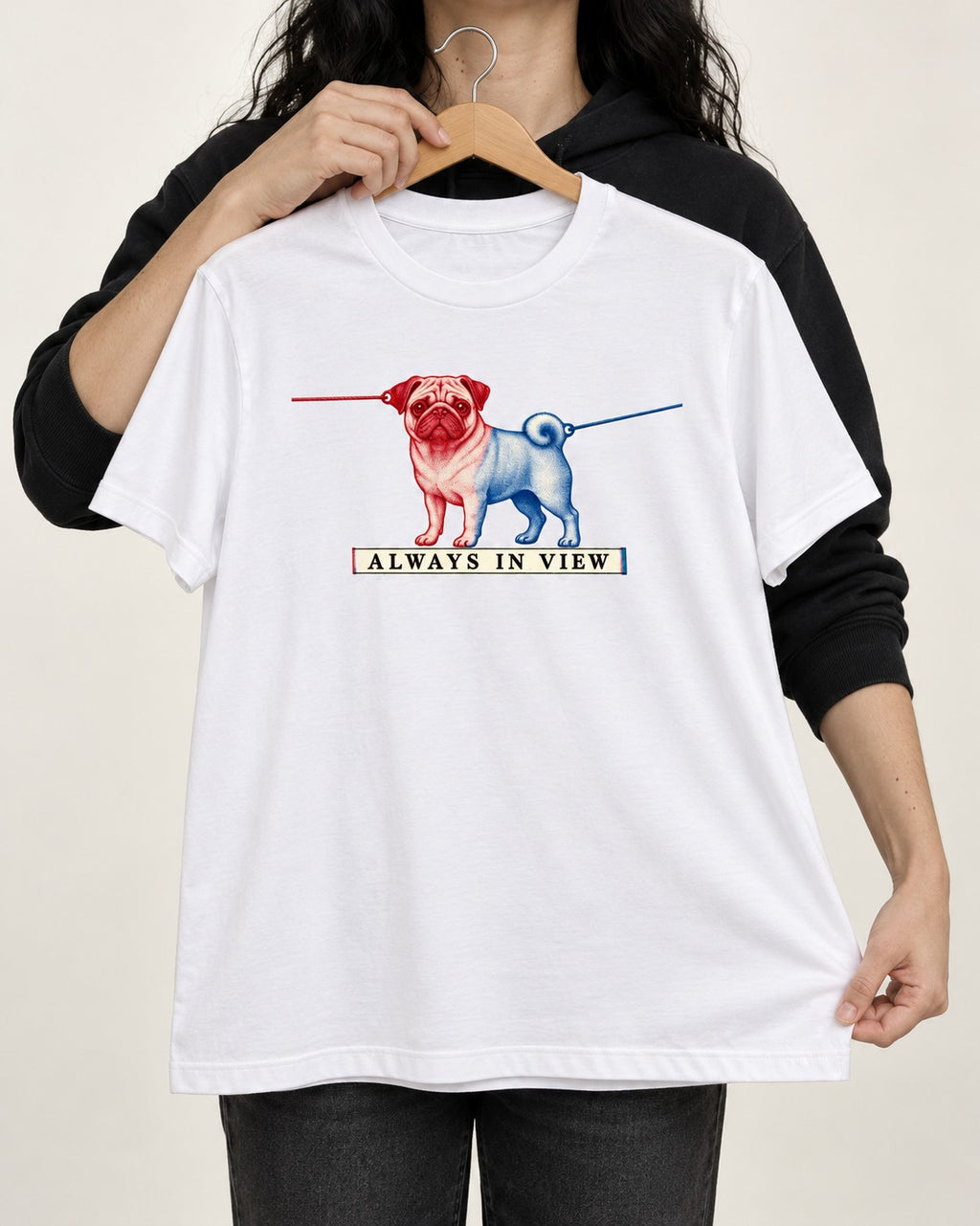 Pug Always in View Split Leash Graphic T-Shirt in White, held up on a hanger