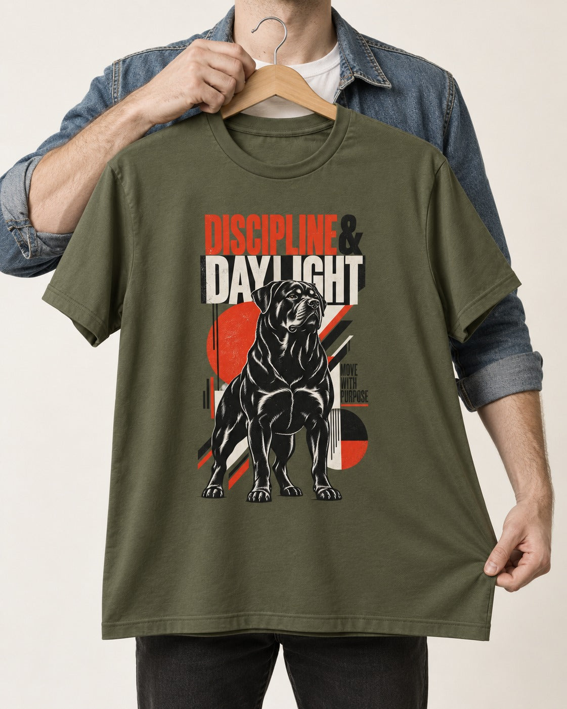 Discipline and Daylight Rottweiler Move With Purpose T-Shirt in Heather Military Green, held up on a hanger