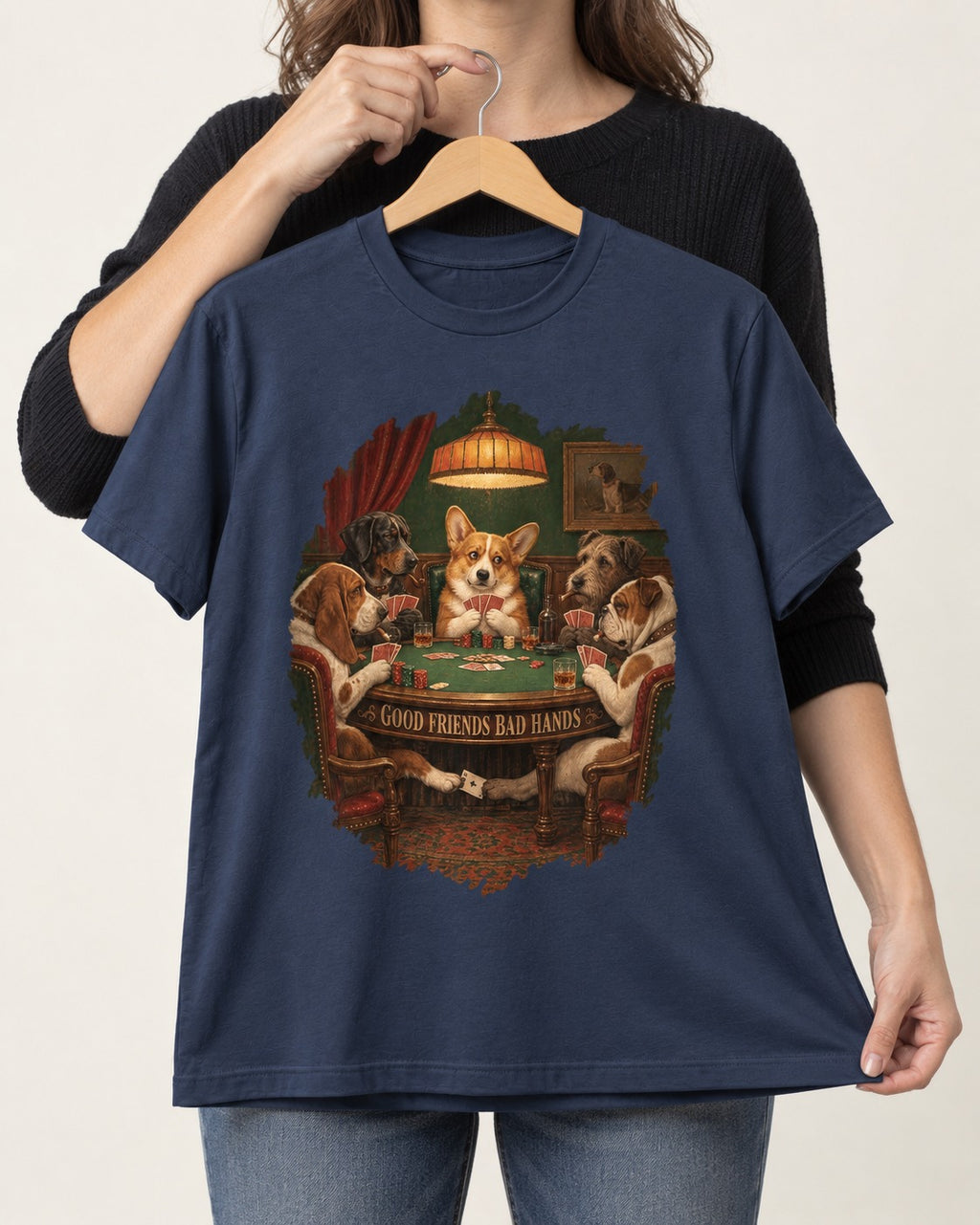 Corgi Good Friends Bad Hands Poker Night T-Shirt in Navy, held up on a hanger