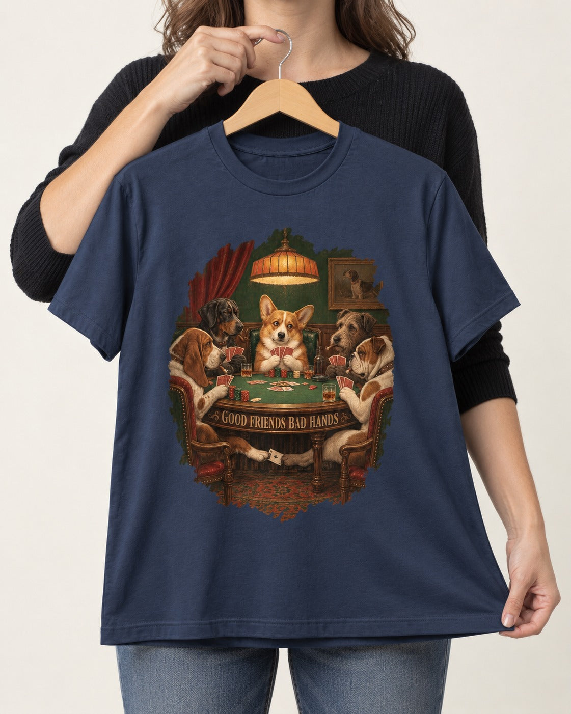 Corgi Good Friends Bad Hands Poker Night T-Shirt in Navy, held up on a hanger