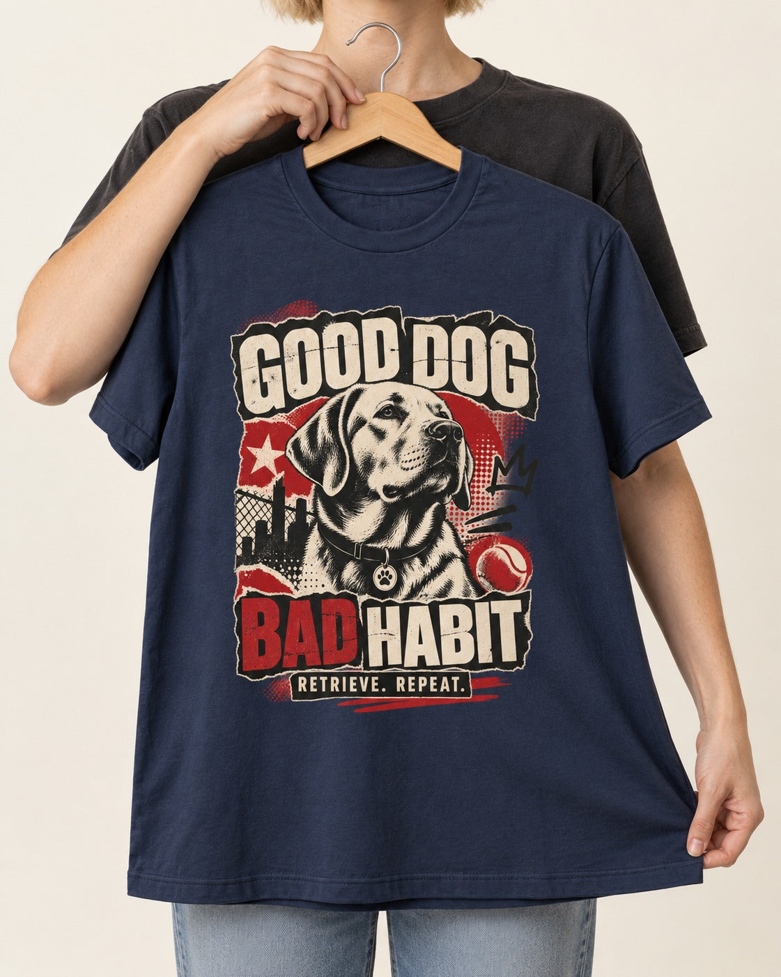 Labrador Retriever Good Dog Bad Habit Poster Graphic T-Shirt in Navy, held up on a hanger