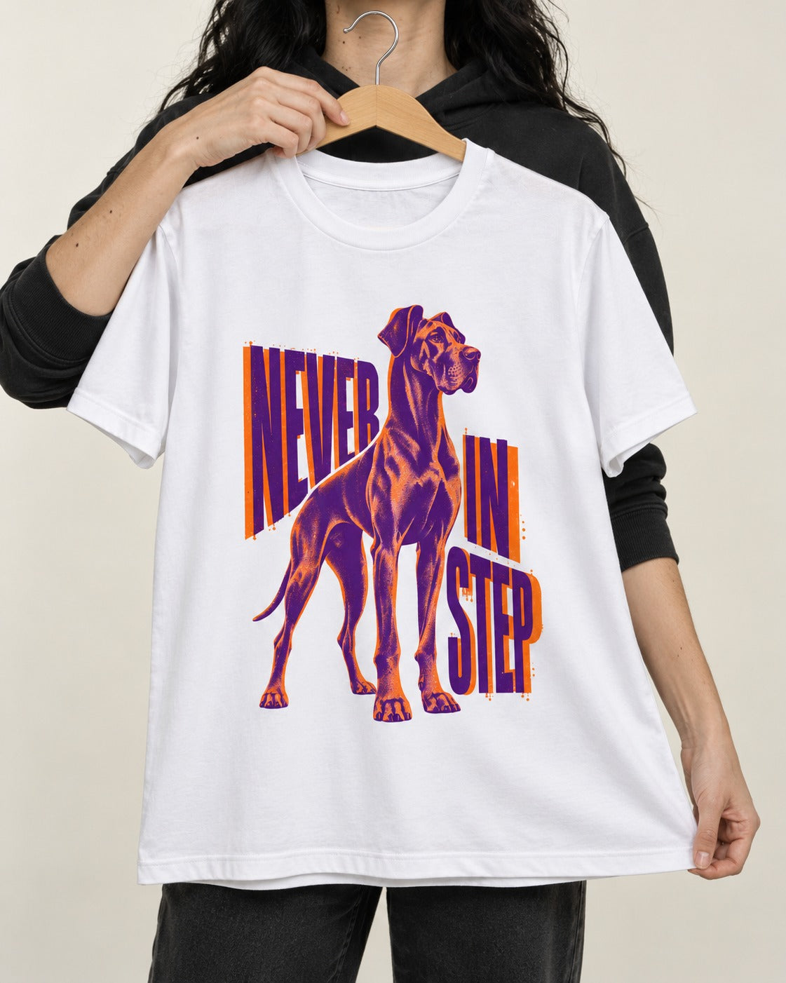 Great Dane Never in Step Standing Graphic T-Shirt in White, held up on a hanger