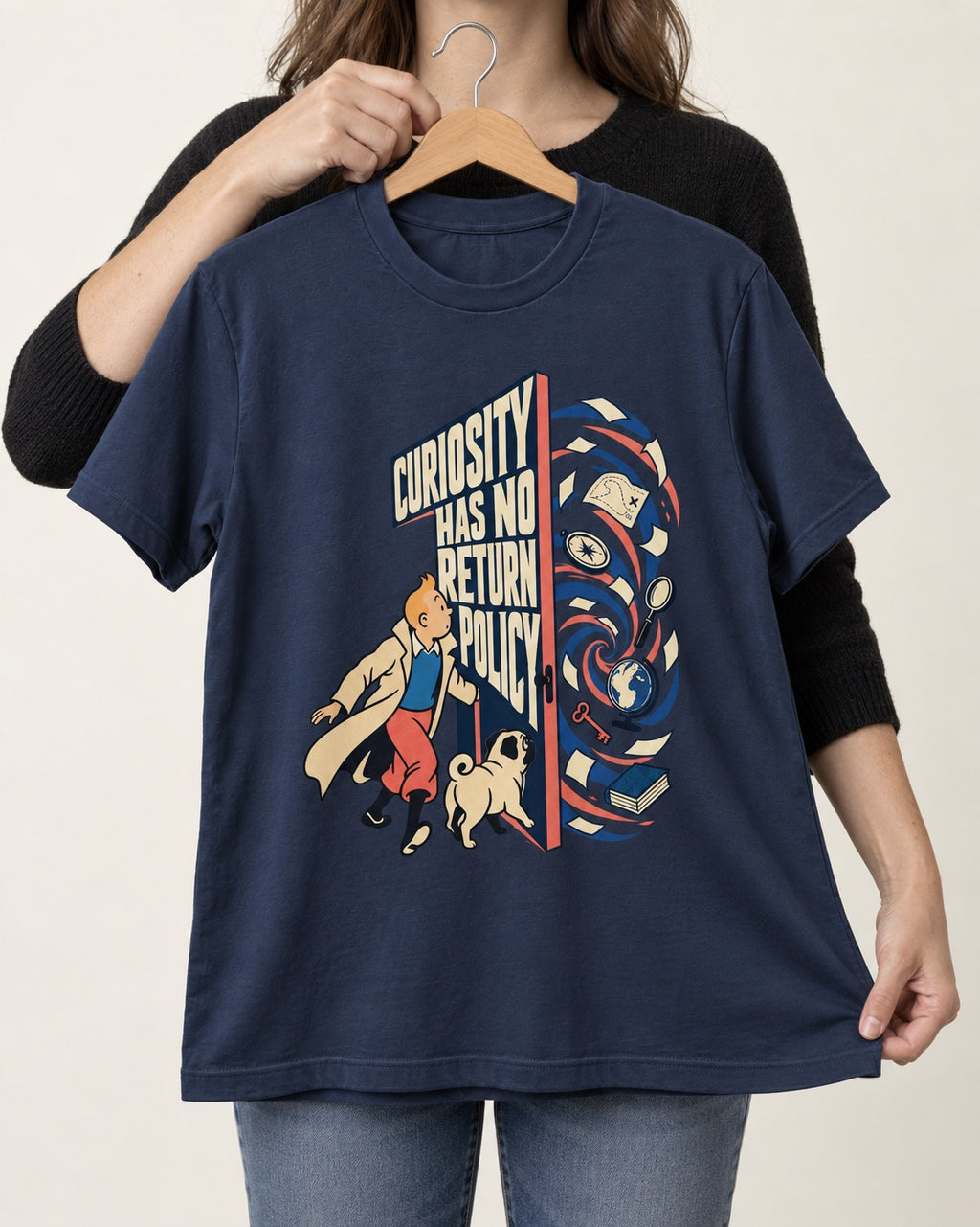 Pug Curiosity Has No Return Policy Portal Graphic T-Shirt in Navy, held up on a hanger