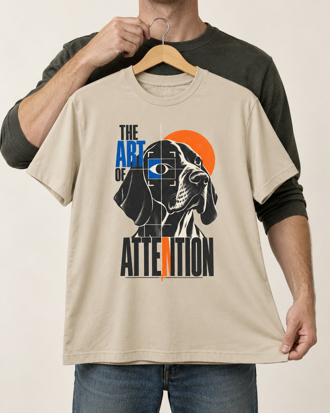 German Shorthaired Pointer Attention T-Shirt in Sand, held up on a hanger