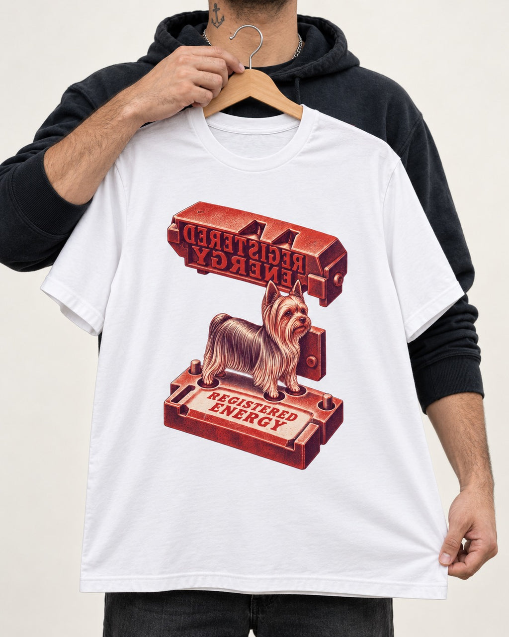 Yorkshire Terrier Registered Energy Stamp Press Graphic T-Shirt in White, held up on a hanger