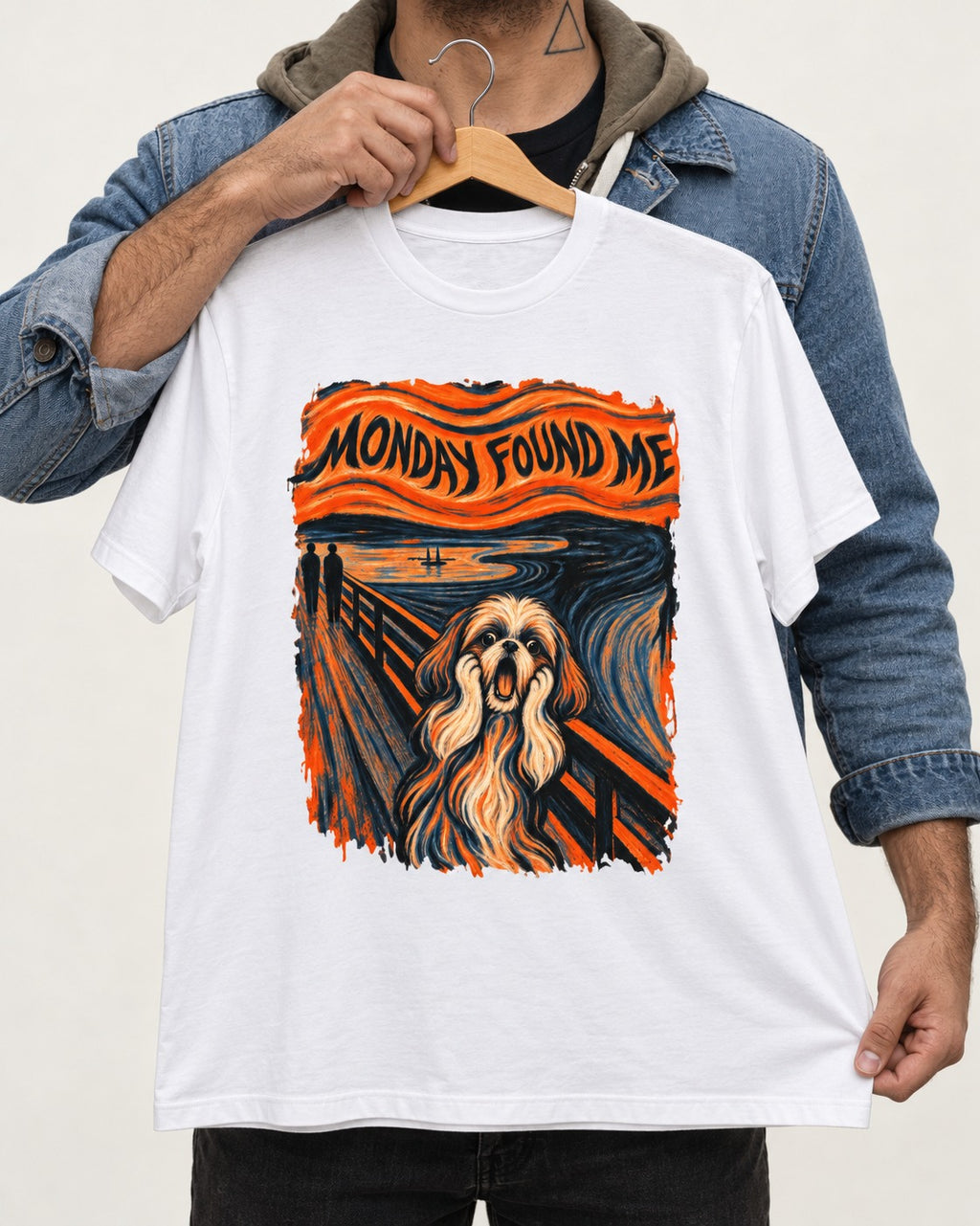Shih Tzu Monday Found Me Scream Parody Graphic T-Shirt in White, held up on a hanger