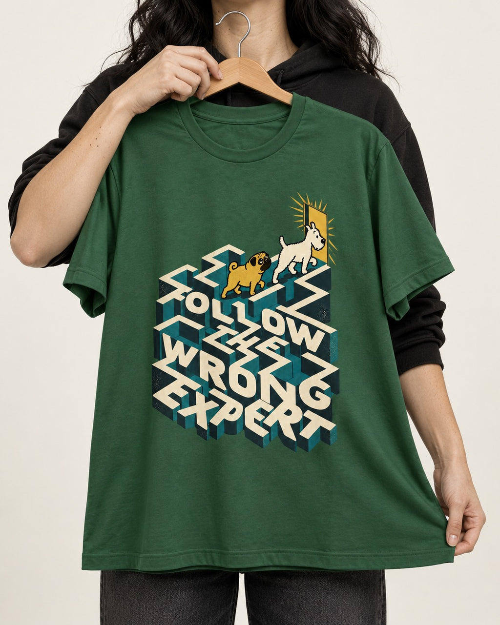 Pug Follow the Wrong Expert Isometric Maze Graphic T-Shirt in Forest Green, held up on a hanger