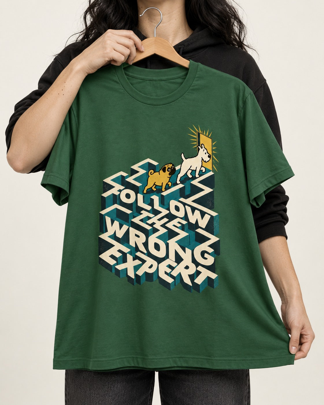 Pug Follow the Wrong Expert Isometric Maze Graphic T-Shirt in Forest Green, held up on a hanger