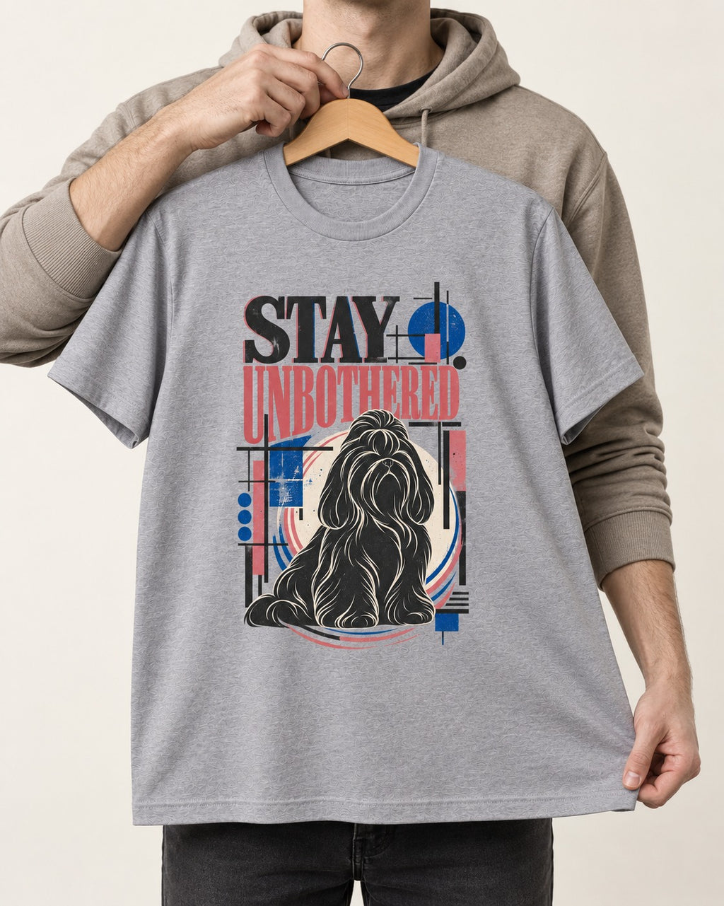 Stay Unbothered Shih Tzu T-Shirt in Sport Grey, held up on a hanger