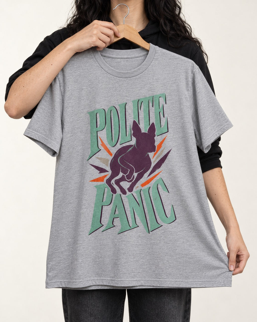 Polite Panic Boston Terrier T-Shirt in Sport Grey, held up on a hanger