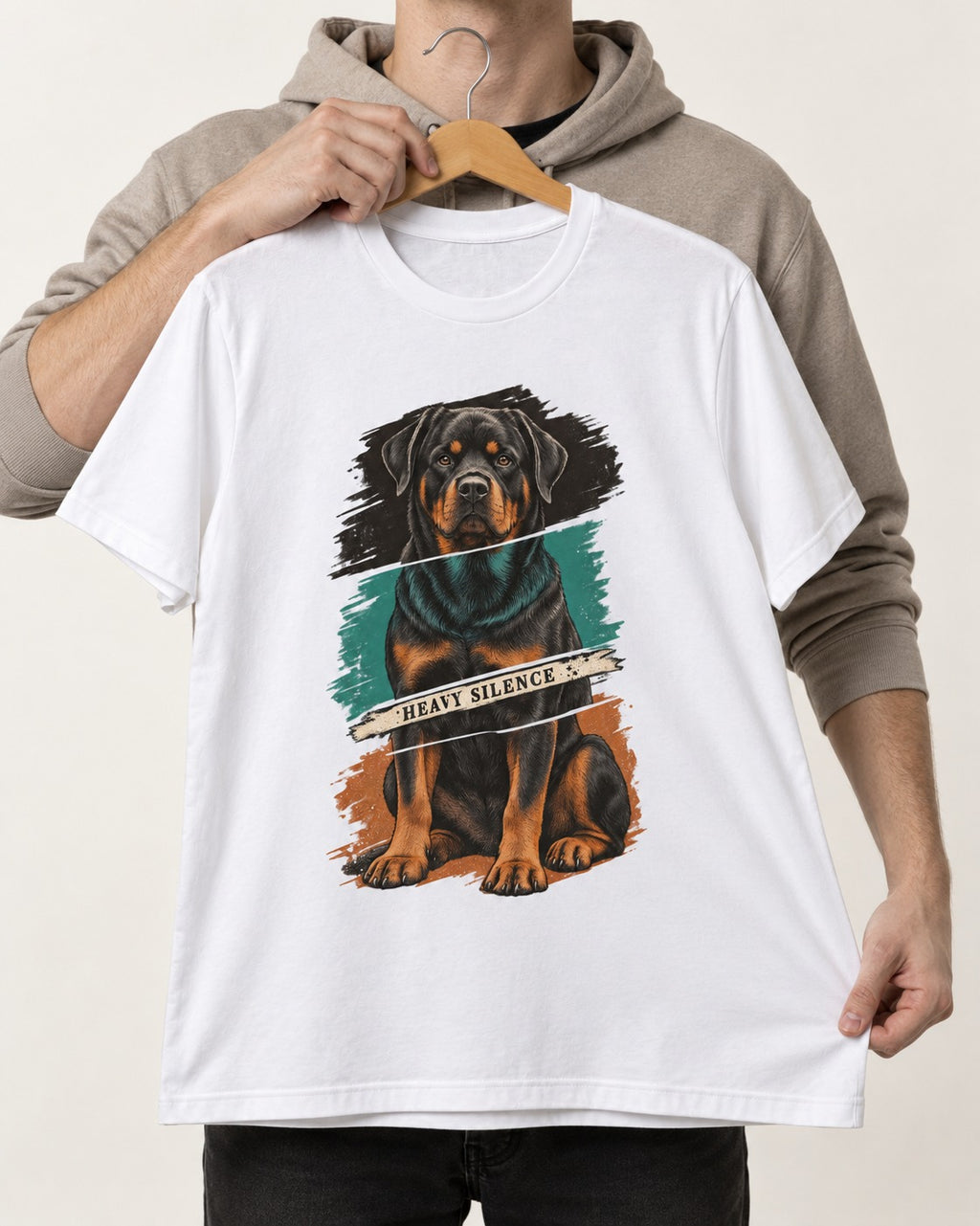 Rottweiler Heavy Silence Brushstroke Portrait Graphic T-Shirt in White, held up on a hanger