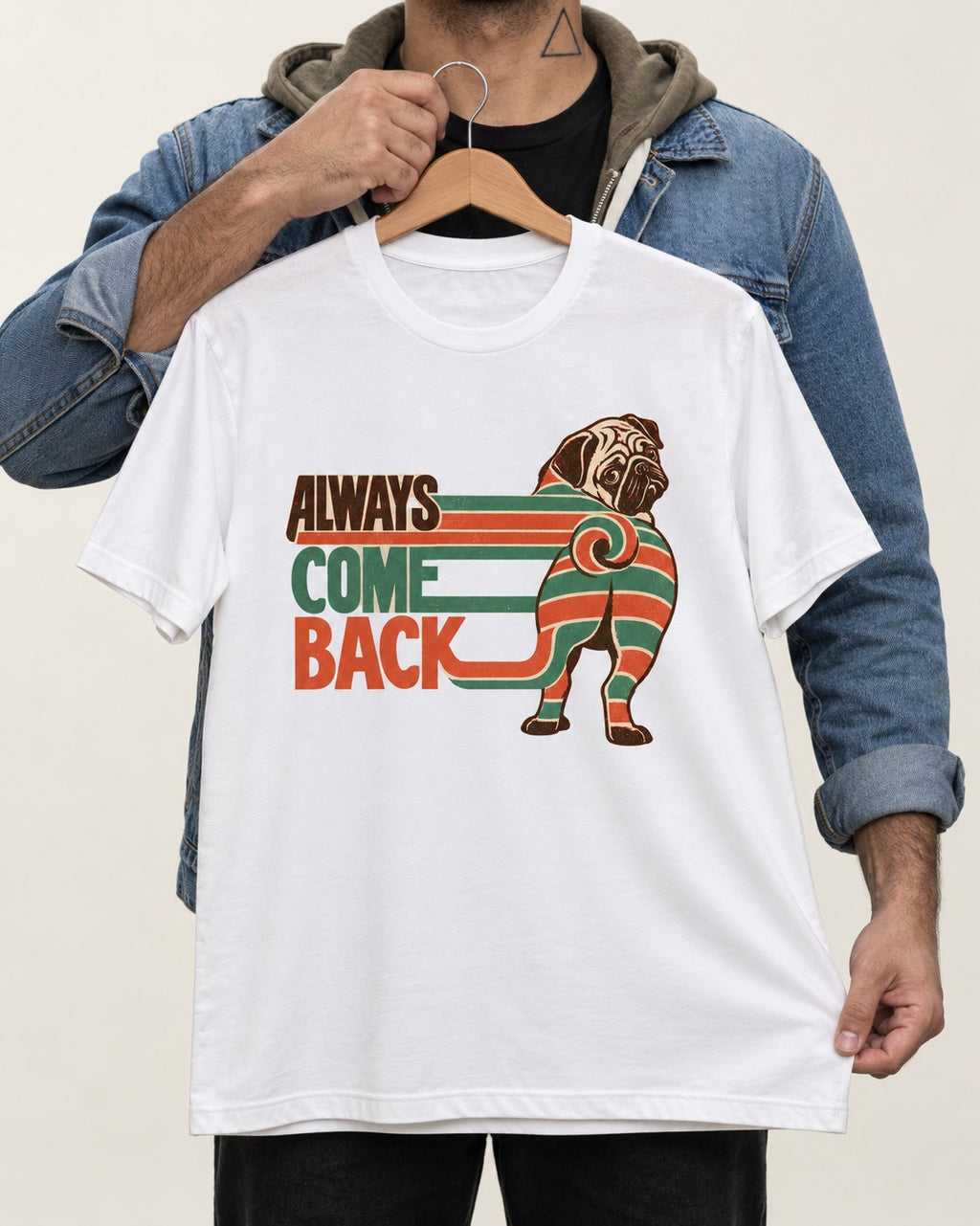 Pug Always Come Back Striped Body Graphic T-Shirt in White, held up on a hanger