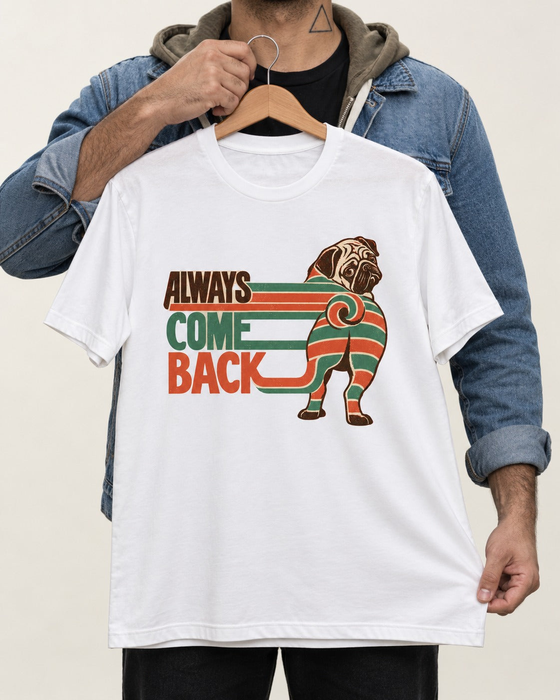 Pug Always Come Back Striped Body Graphic T-Shirt in White, held up on a hanger
