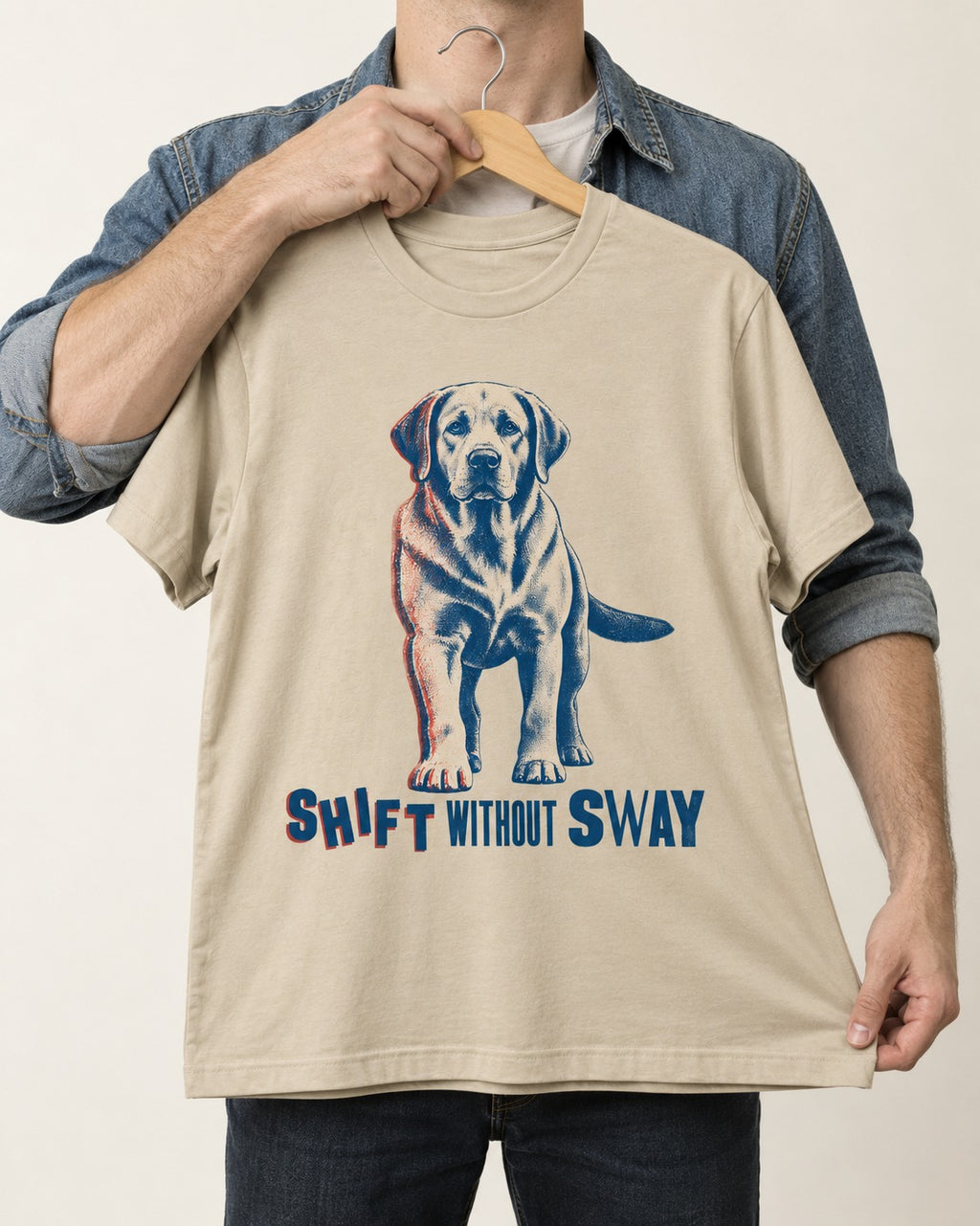 Shift Without Sway Labrador Retriever T-Shirt in Sand, held up on a hanger