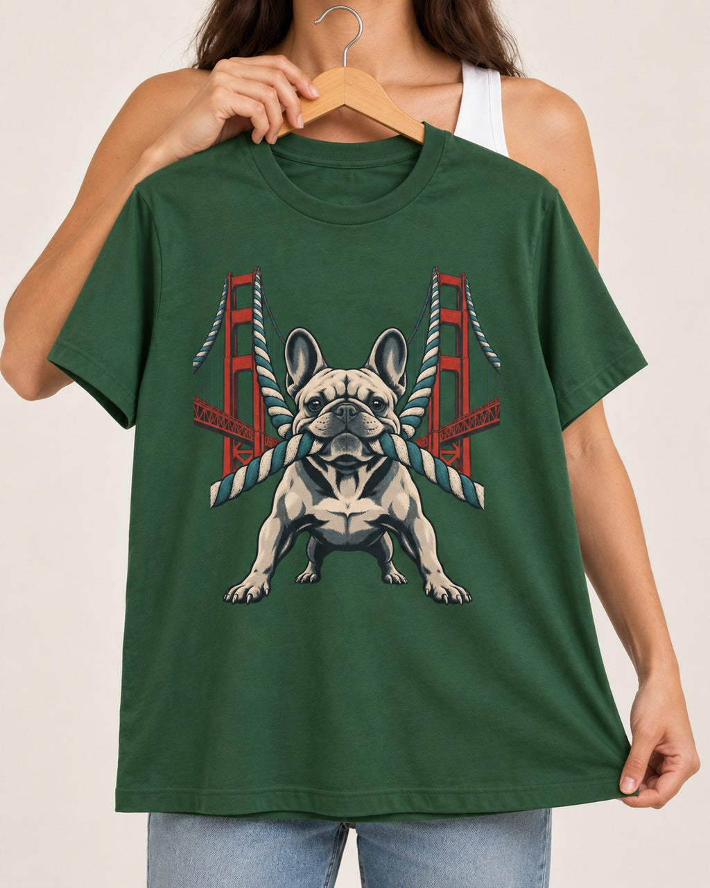 Frenchie Tug Anchor Bridge Graphic T-Shirt in Forest Green, held up on a hanger