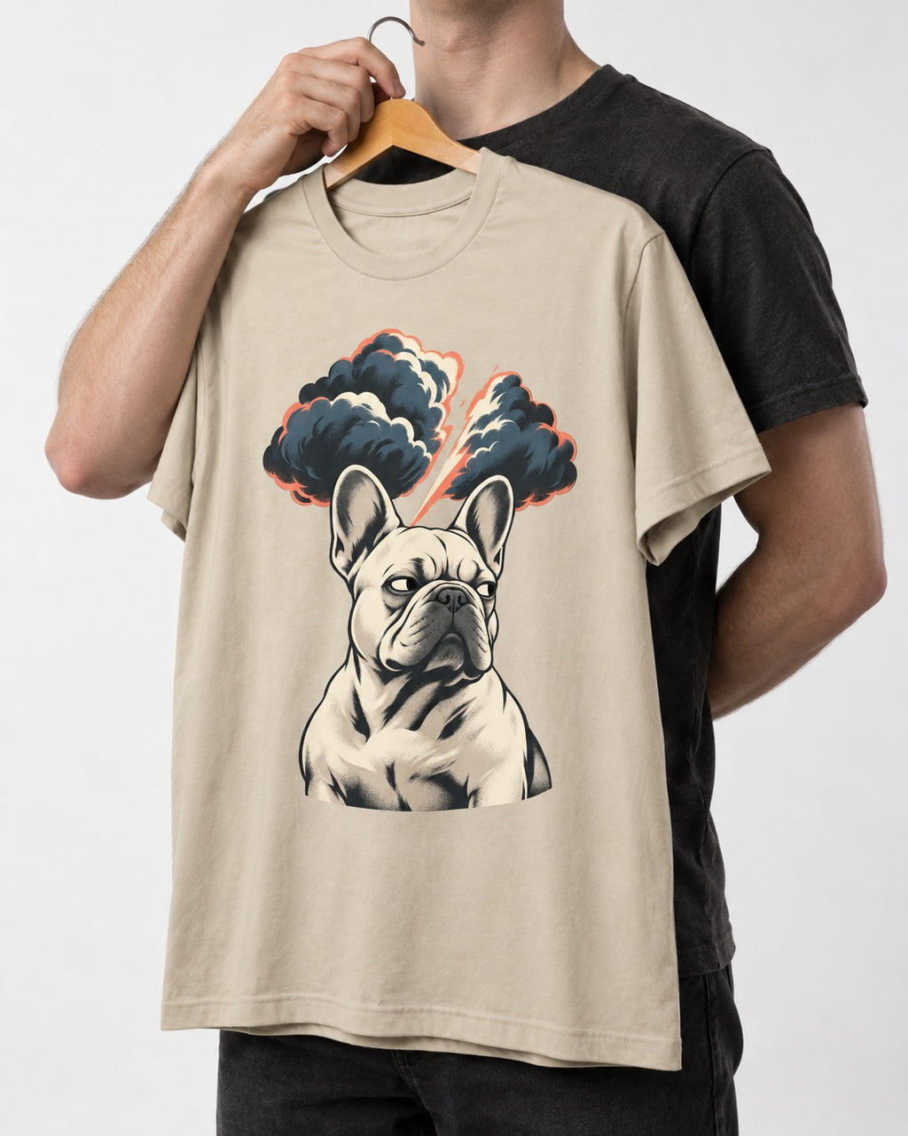Frenchie Storm Warning T-Shirt in Sand, held up on a hanger