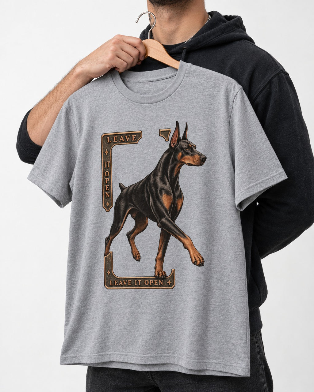 Leave It Open Doberman T-Shirt in Sport Grey, held up on a hanger