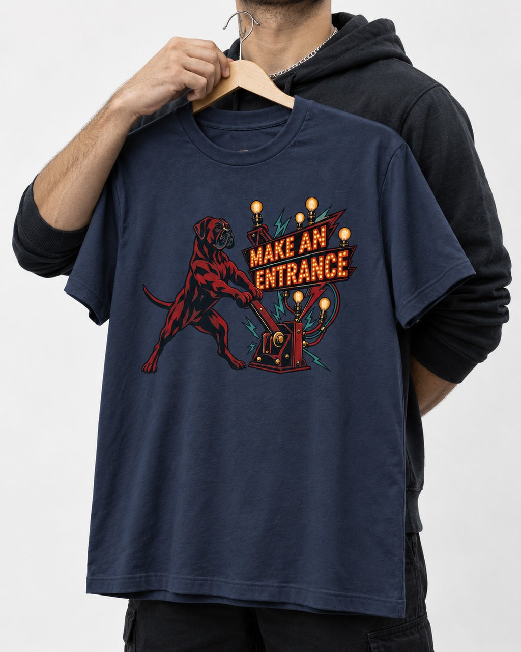 Boxer Make an Entrance T-Shirt in Navy, held up on a hanger